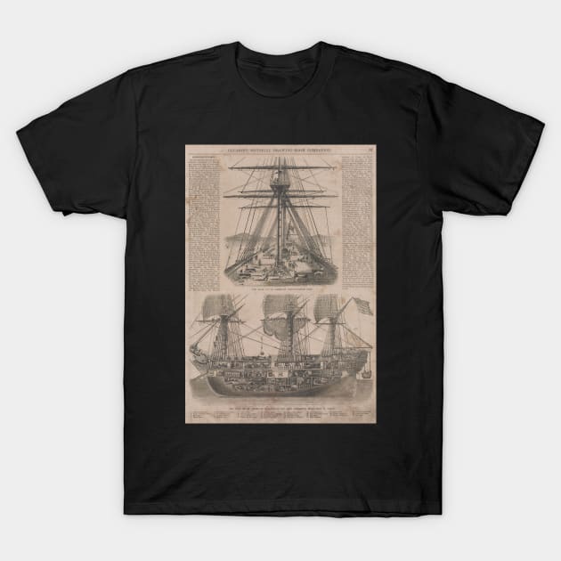 Vintage Historical American Battleship Diagram (1854) T-Shirt by Bravuramedia